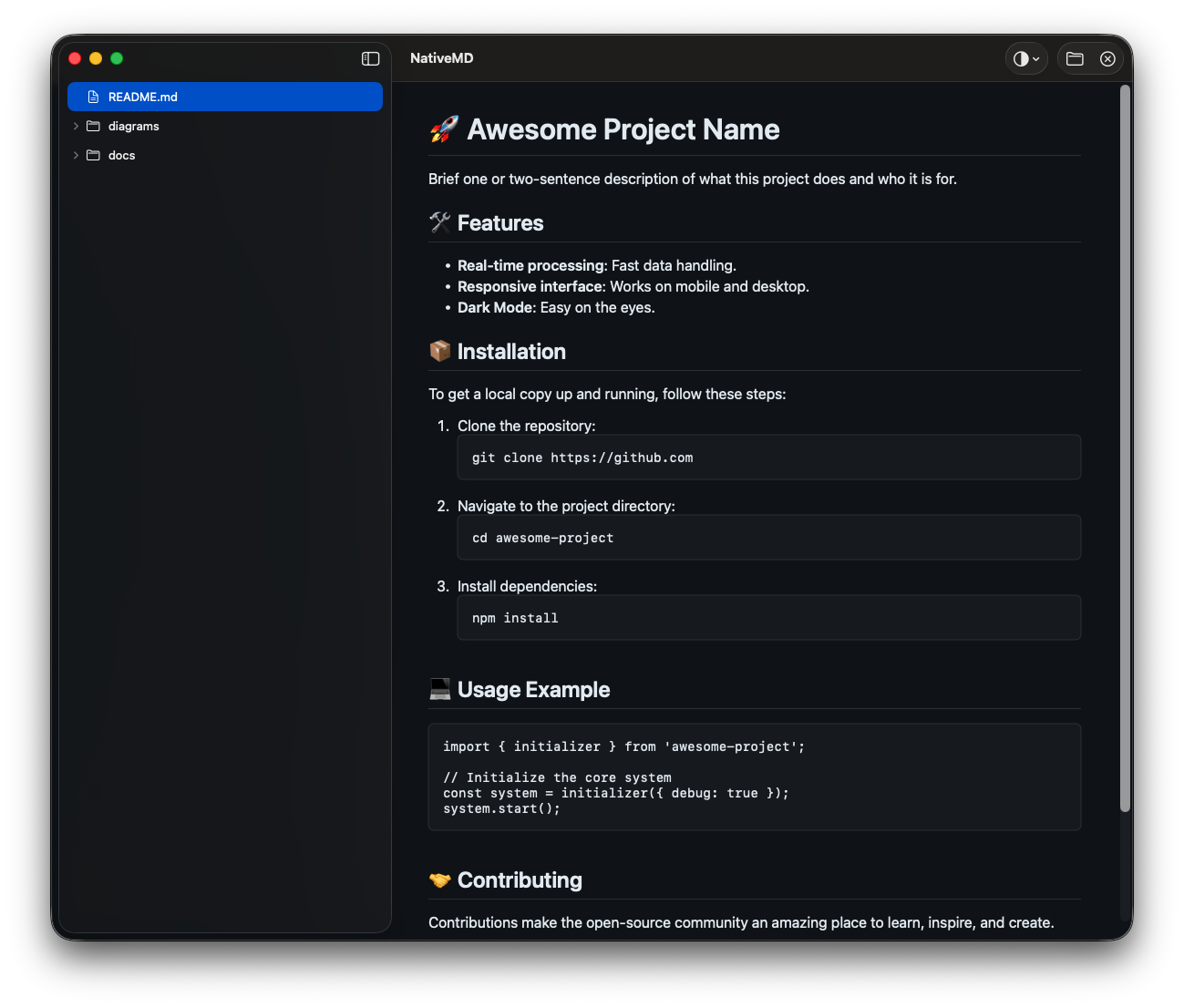Janela do NativeMD mostrando um README renderizado ao lado da árvore de arquivos