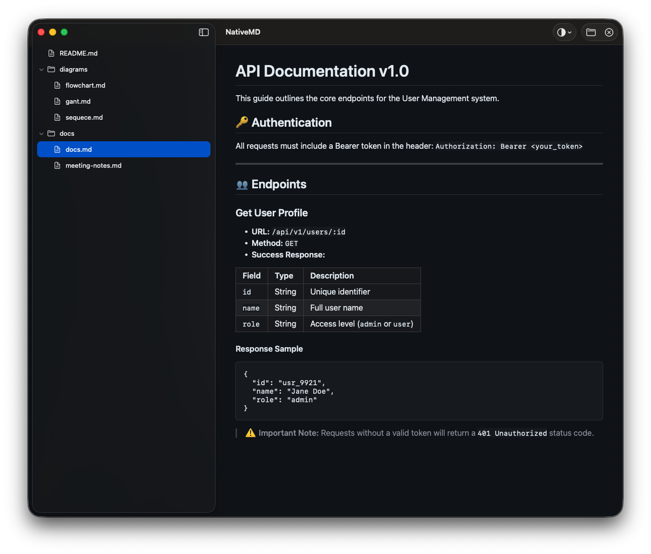 NativeMD exibindo uma documentação de API com tabela e bloco JSON