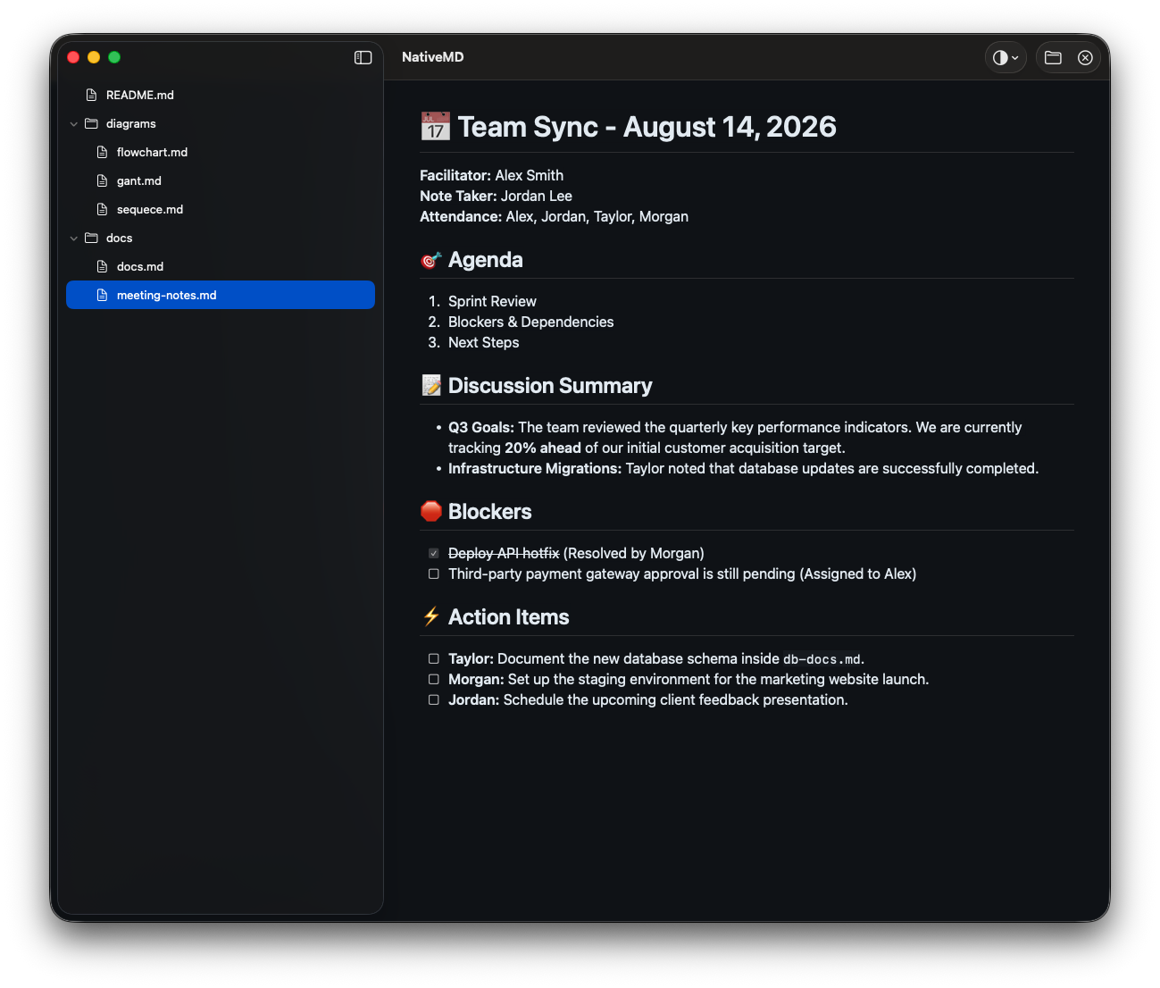Notas de reunião com listas de tarefas renderizadas no NativeMD