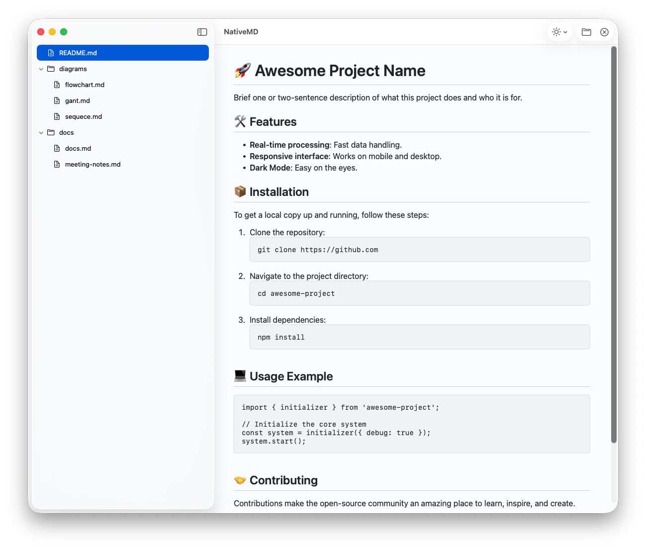 NativeMD no tema claro exibindo um README